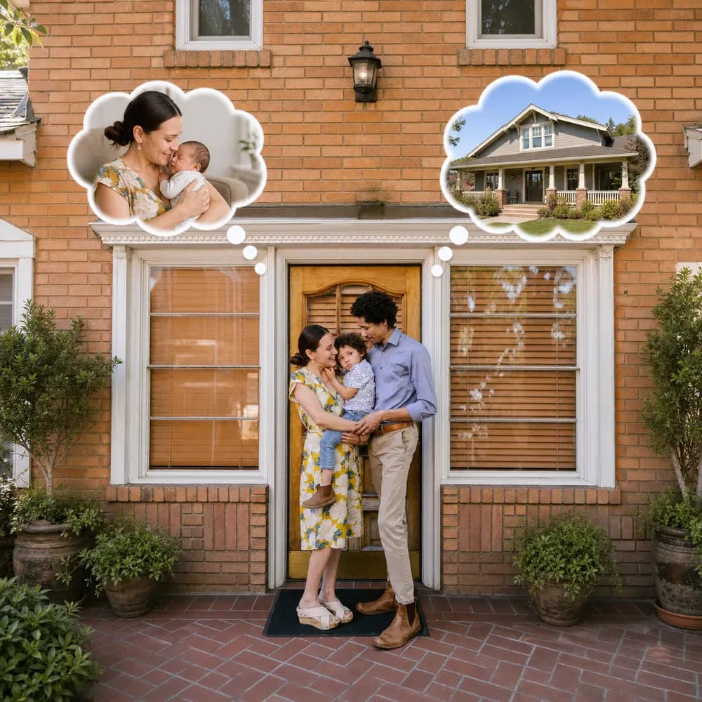 The same family and entrance seen more broadly, with thoughts of a house and a newborn baby